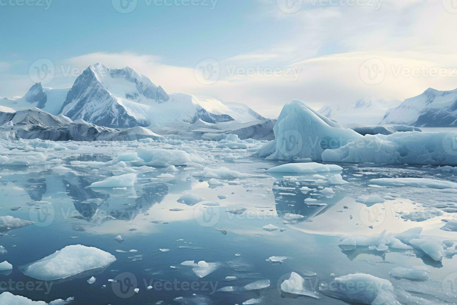 Icebergs floating in water with majestic mountains in the background. AI Generated photo