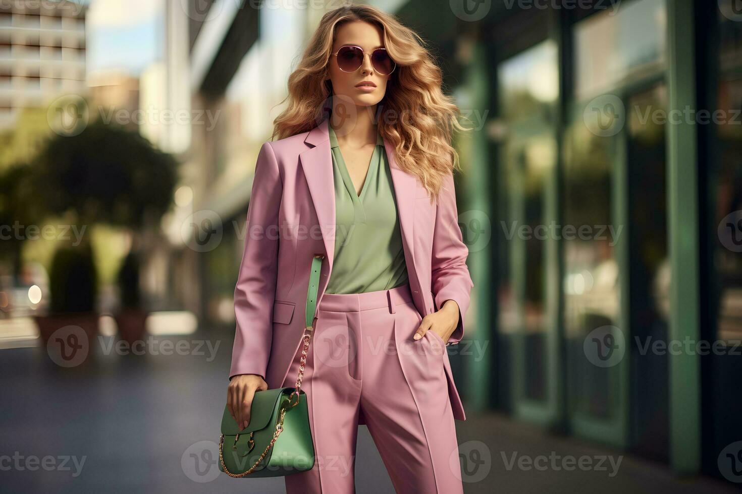 A beautiful blonde model in a pink suit and sunglasses. AI Generated photo