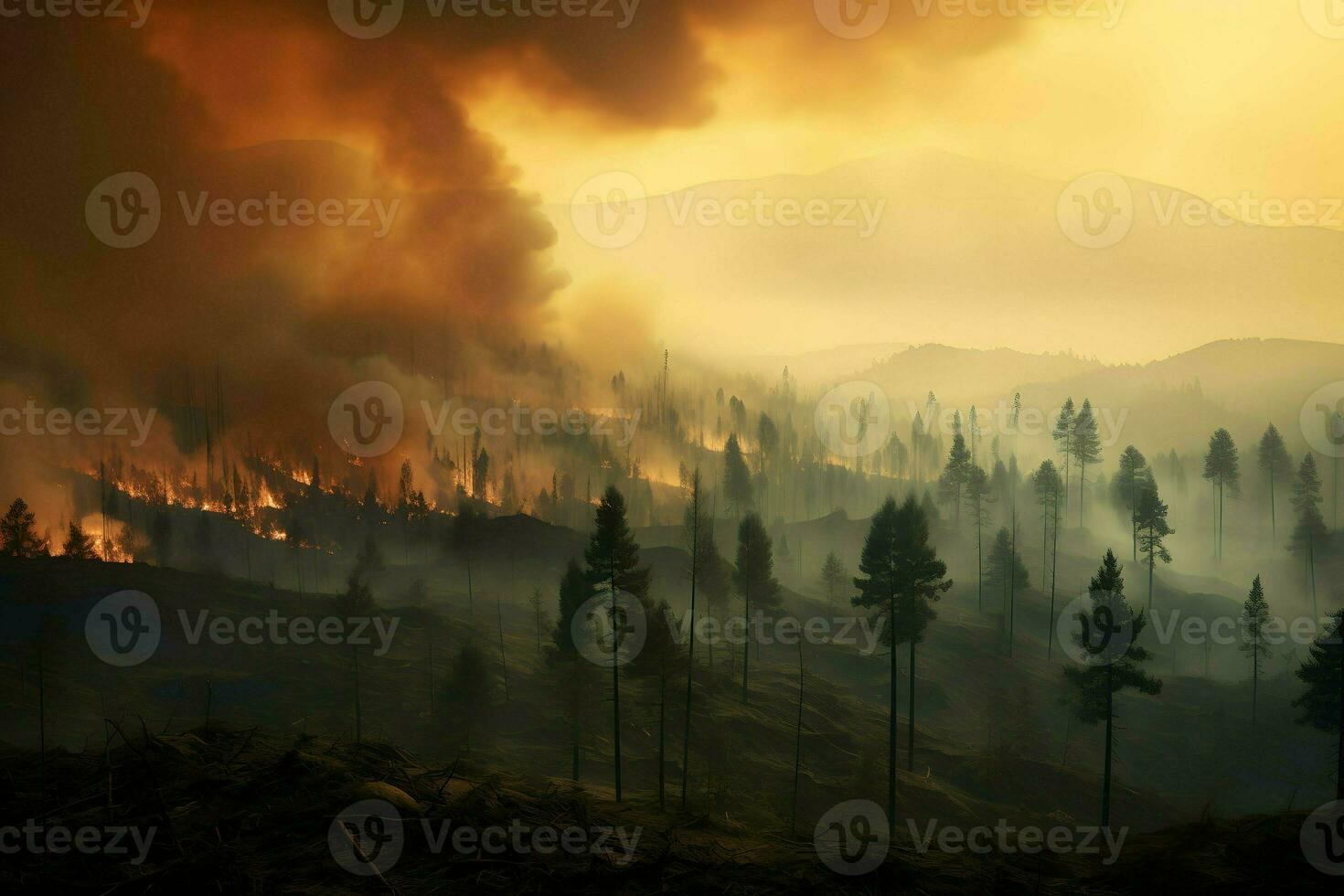 A raging fire engulfing a dense forest. AI Generated photo