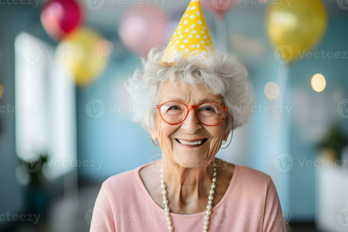 An older woman wearing a party hat and glasses. AI Generated photo