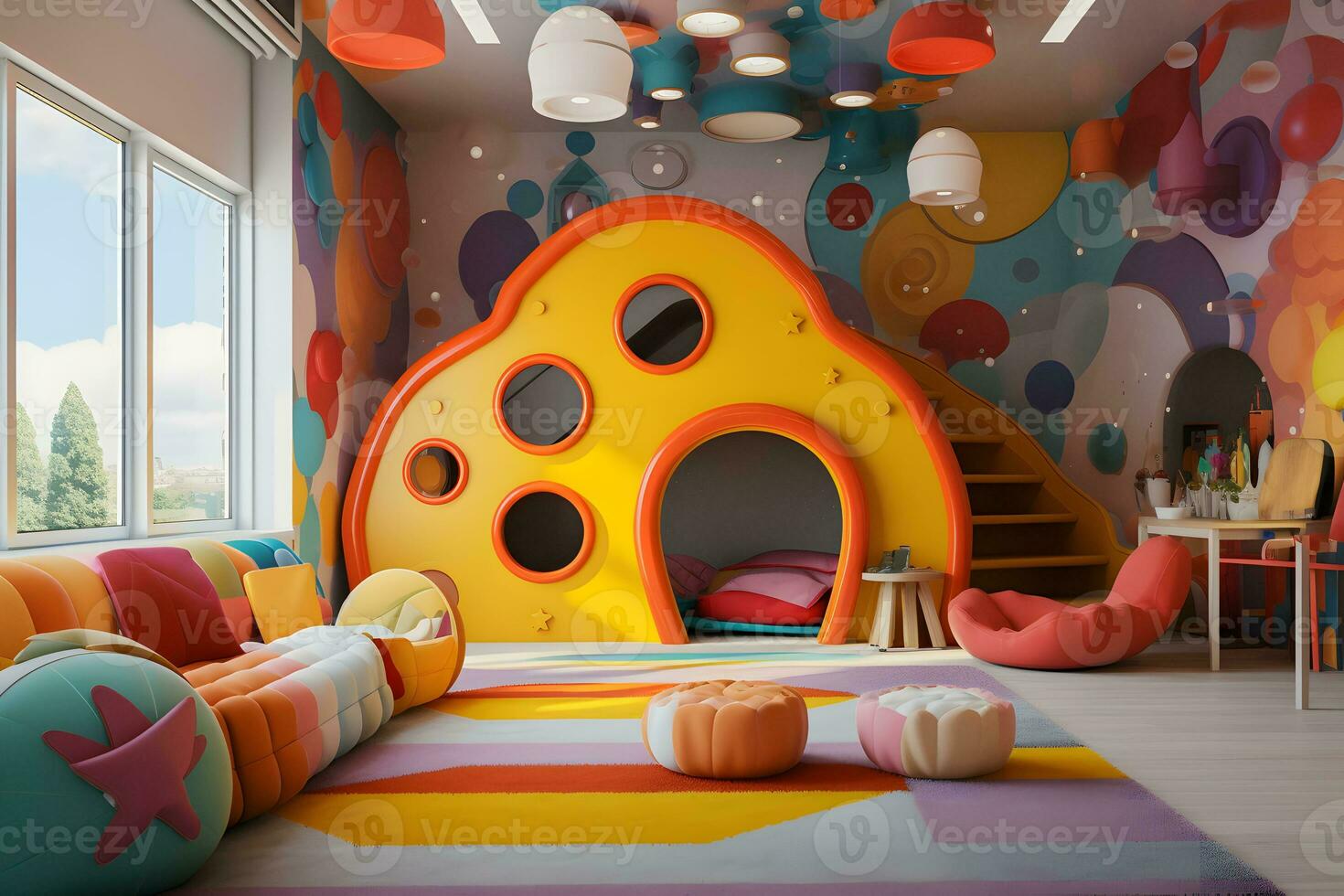 Colorful bedroom filled with toys. Kids playing room. AI Generated photo