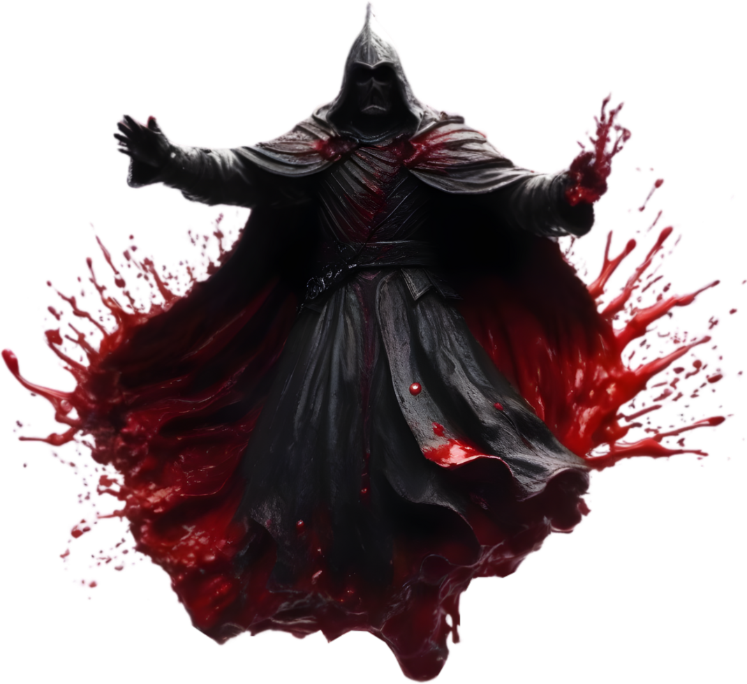 A ghost king with blood splattered all around. AI-Generated. png