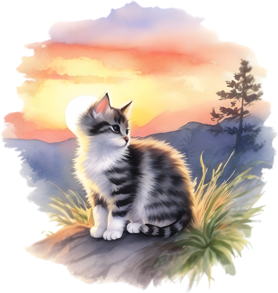 Kitten sitting on a hill at sunset. AI-Generated. png