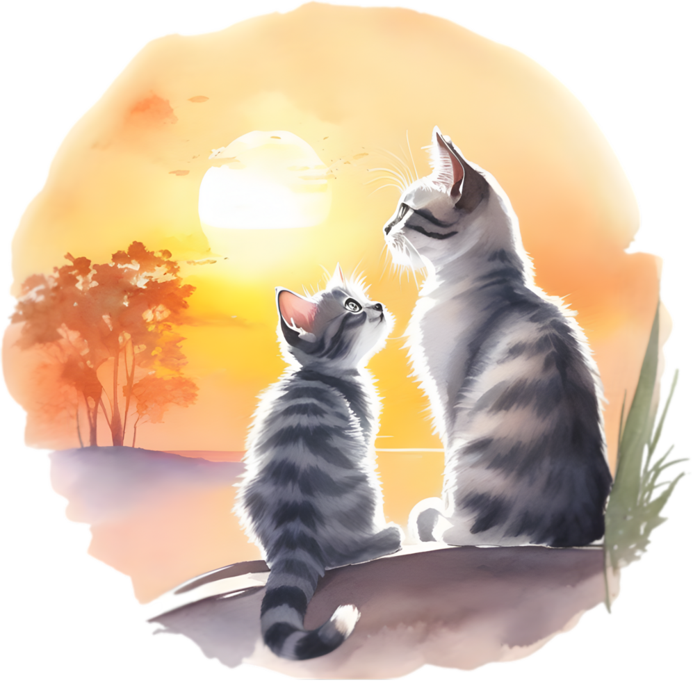 Kitten sitting on a hill at sunset. AI-Generated. png