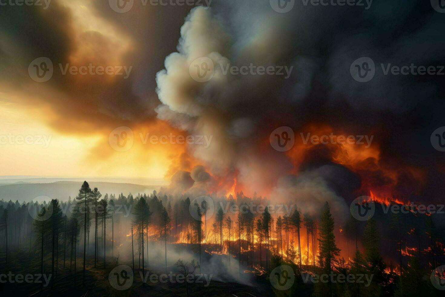 A raging fire engulfing a dense forest. AI Generated photo