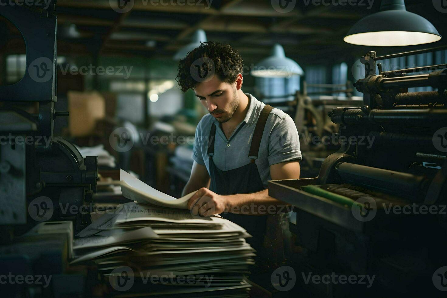 un hombre en impresión prensa trabajando con pilas de documentos. ai generado foto