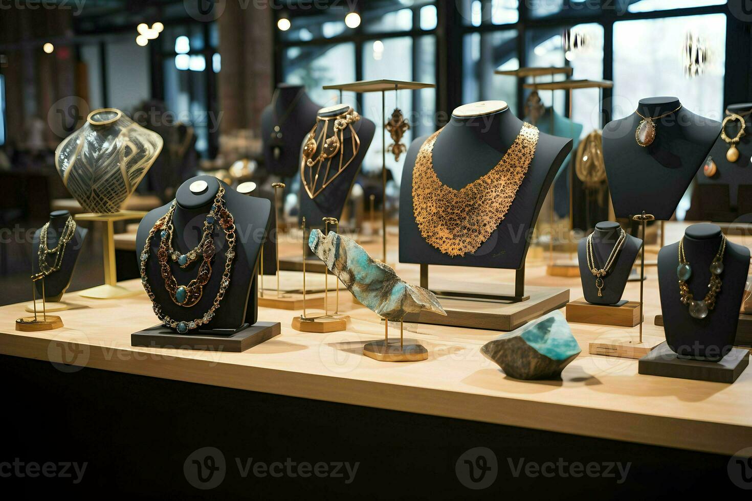 A beautiful collection of jewelry in a luxury store. AI Generated photo