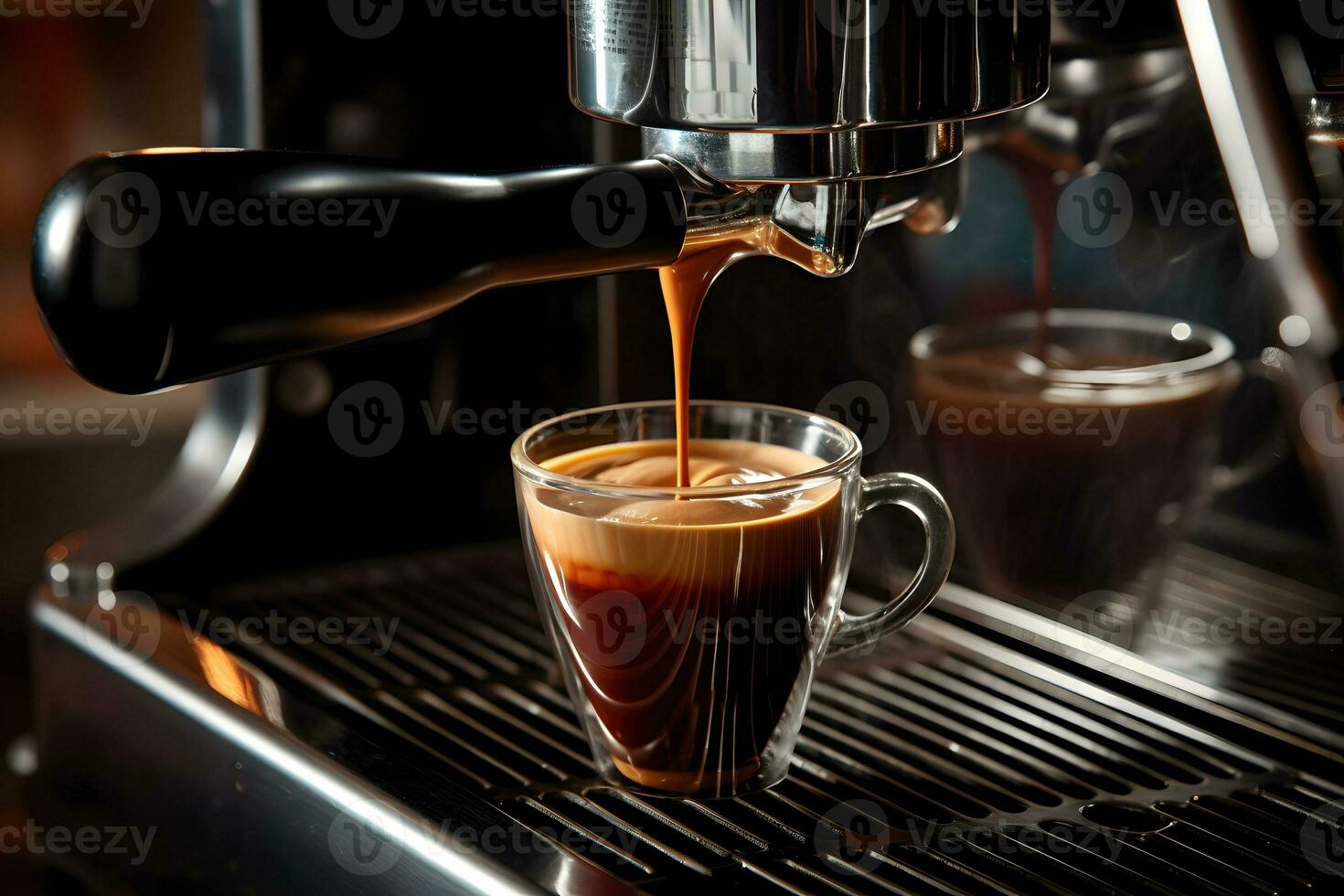 A cup of coffee being filled by a coffee machine. AI Generated photo