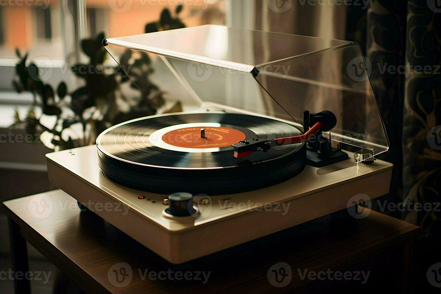 A vintage record player on a rustic wooden table. AI Generated photo