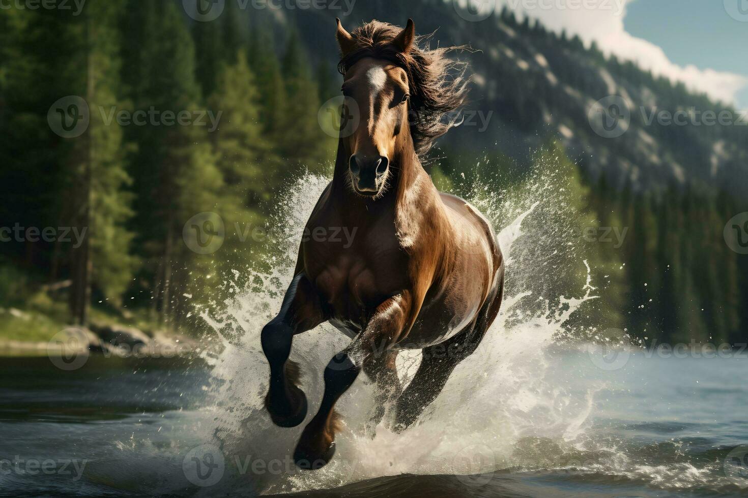 A horse running through a body of water. AI Generated photo
