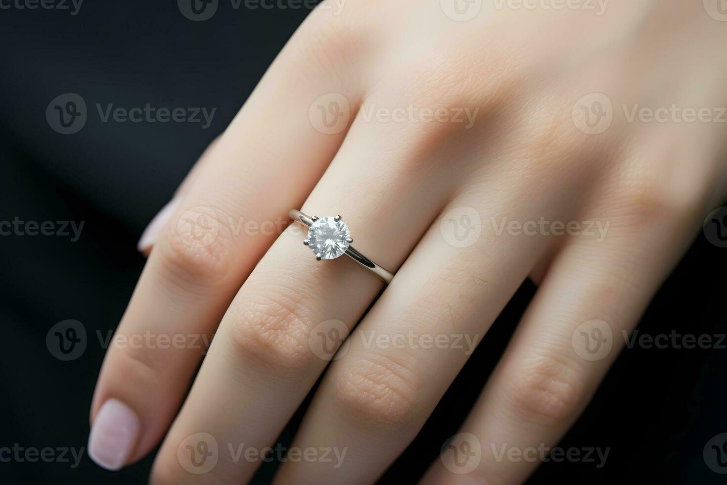 A woman's hand adorned with a sparkling diamond ring. AI Generated photo