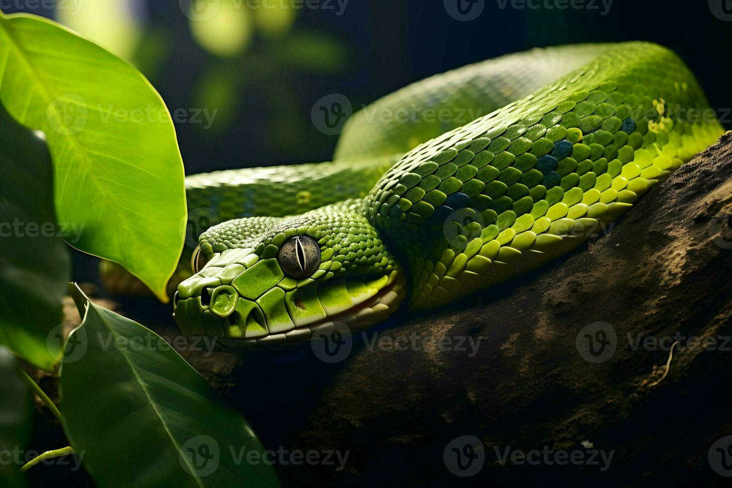 A curled up green snake on a branch. AI Generated photo