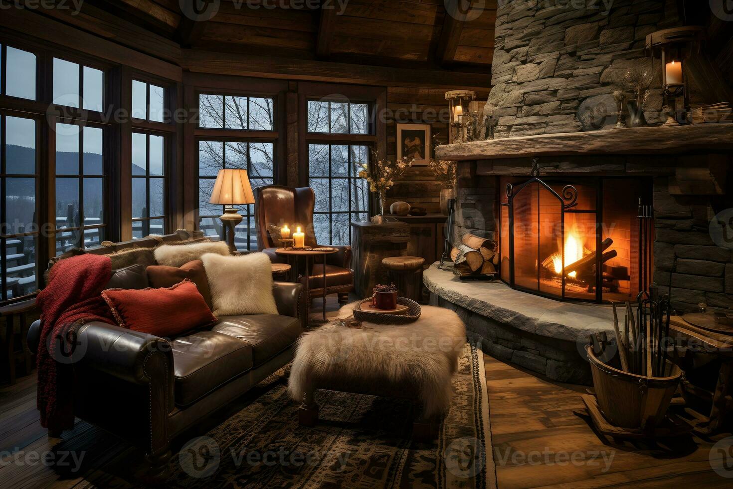 A cozy living room with a fireplace and comfortable furniture. AI Generated photo