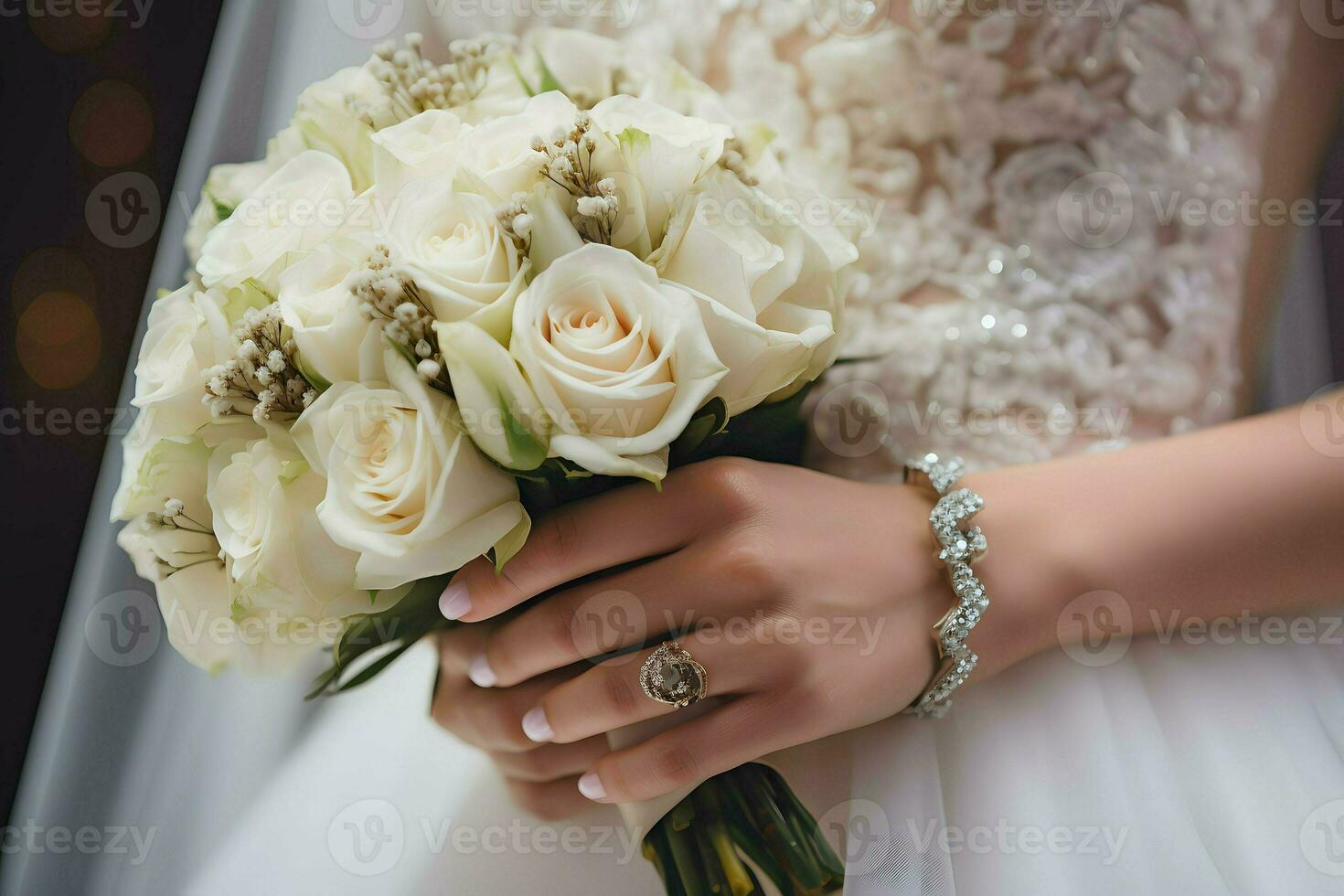 A beautiful bride with engagement ring holding a bouquet on her wedding day. AI Generated photo