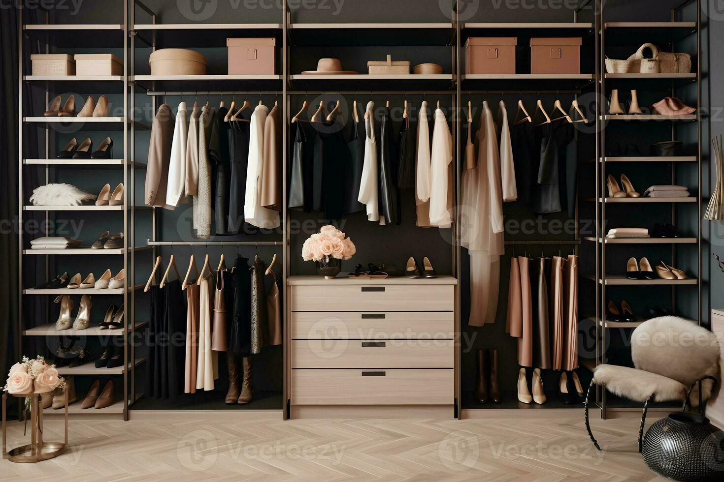 A well-organized walk-in closet filled with a wide variety of fashionable clothes and accessories. AI Generated photo