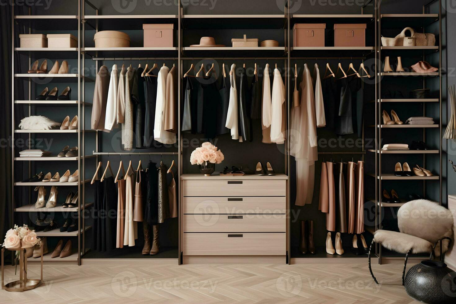 Un amplio y bien organizado walk-in closet con una variedad de