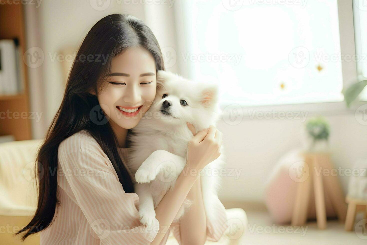 A woman holding a little white dog in her hands. AI Generated photo