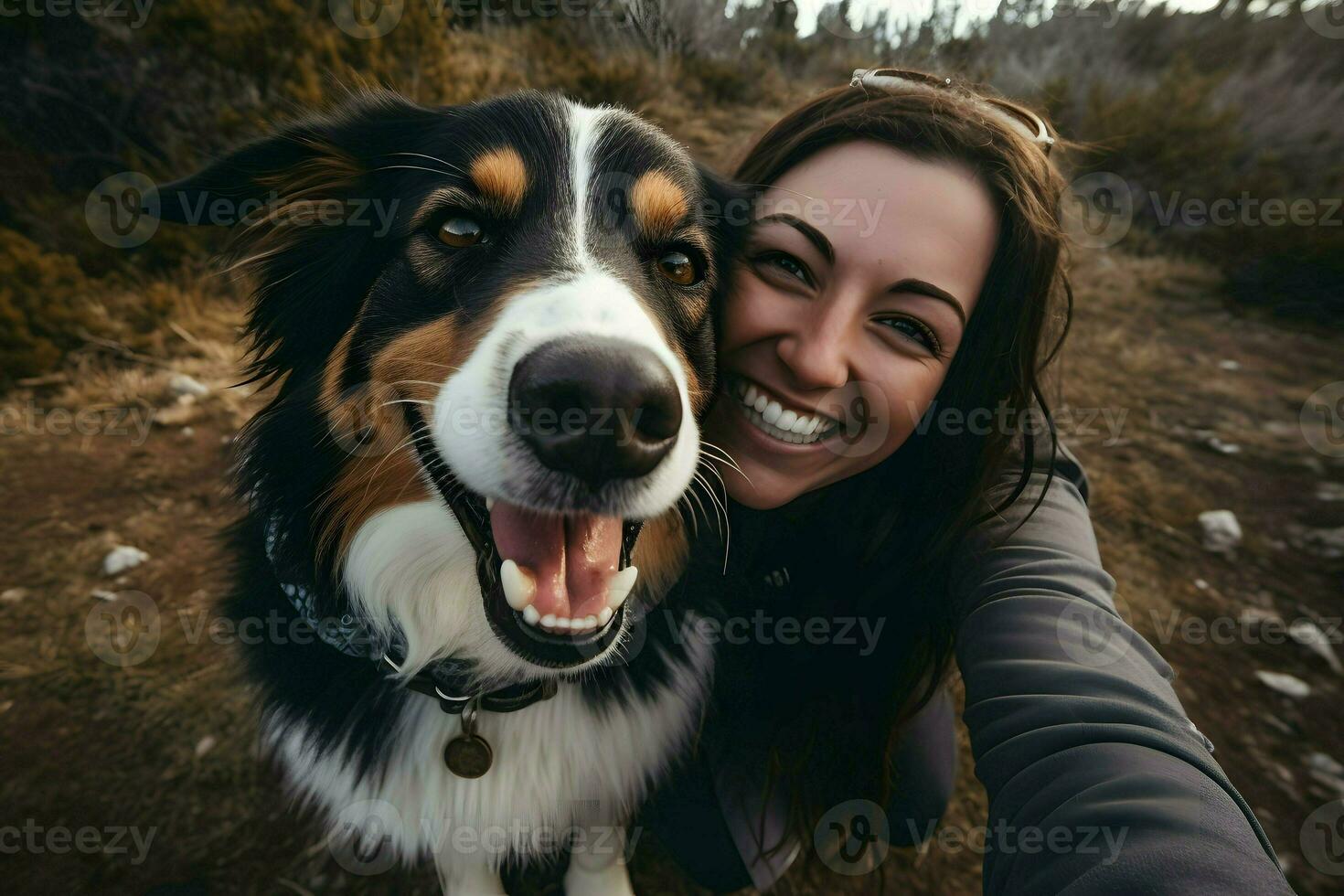A woman and her dog taking a selfie together. AI Generated photo