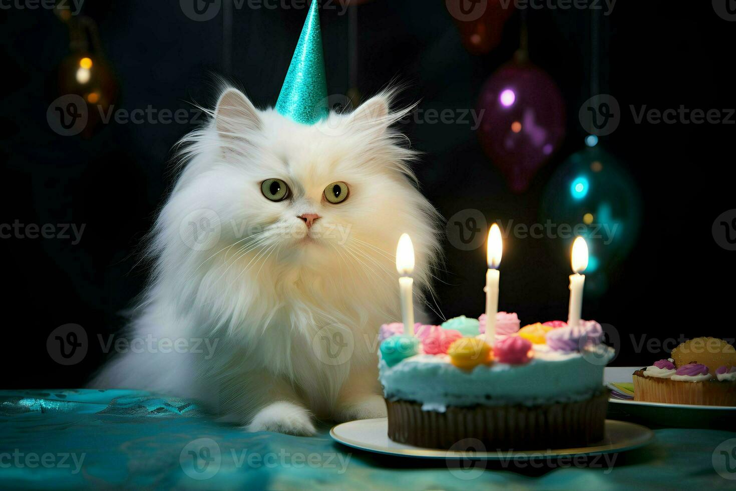 A white cat sitting next to a birthday cake. AI Generated photo