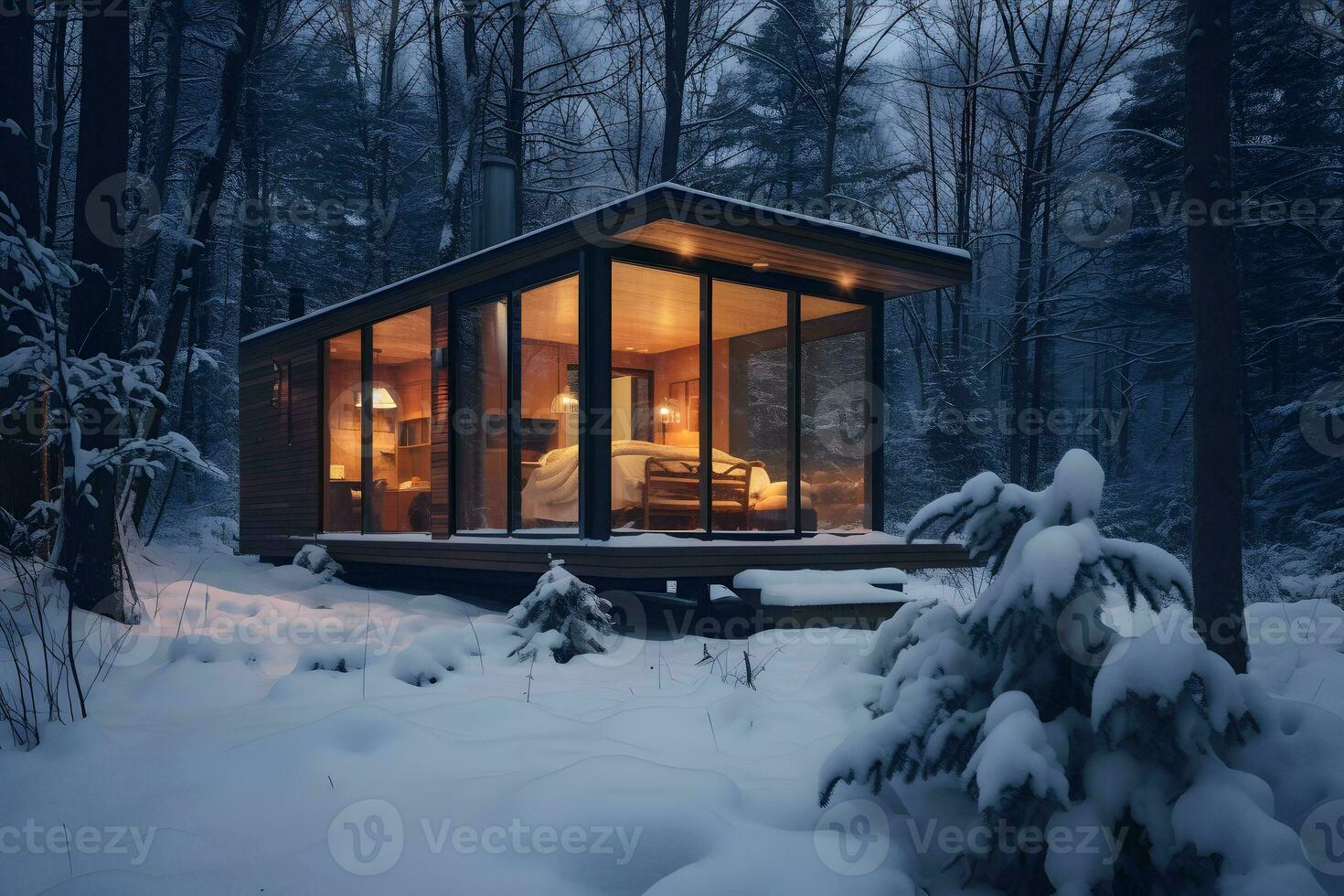 A cozy cabin nestled in a winter wonderland forest. AI Generated photo