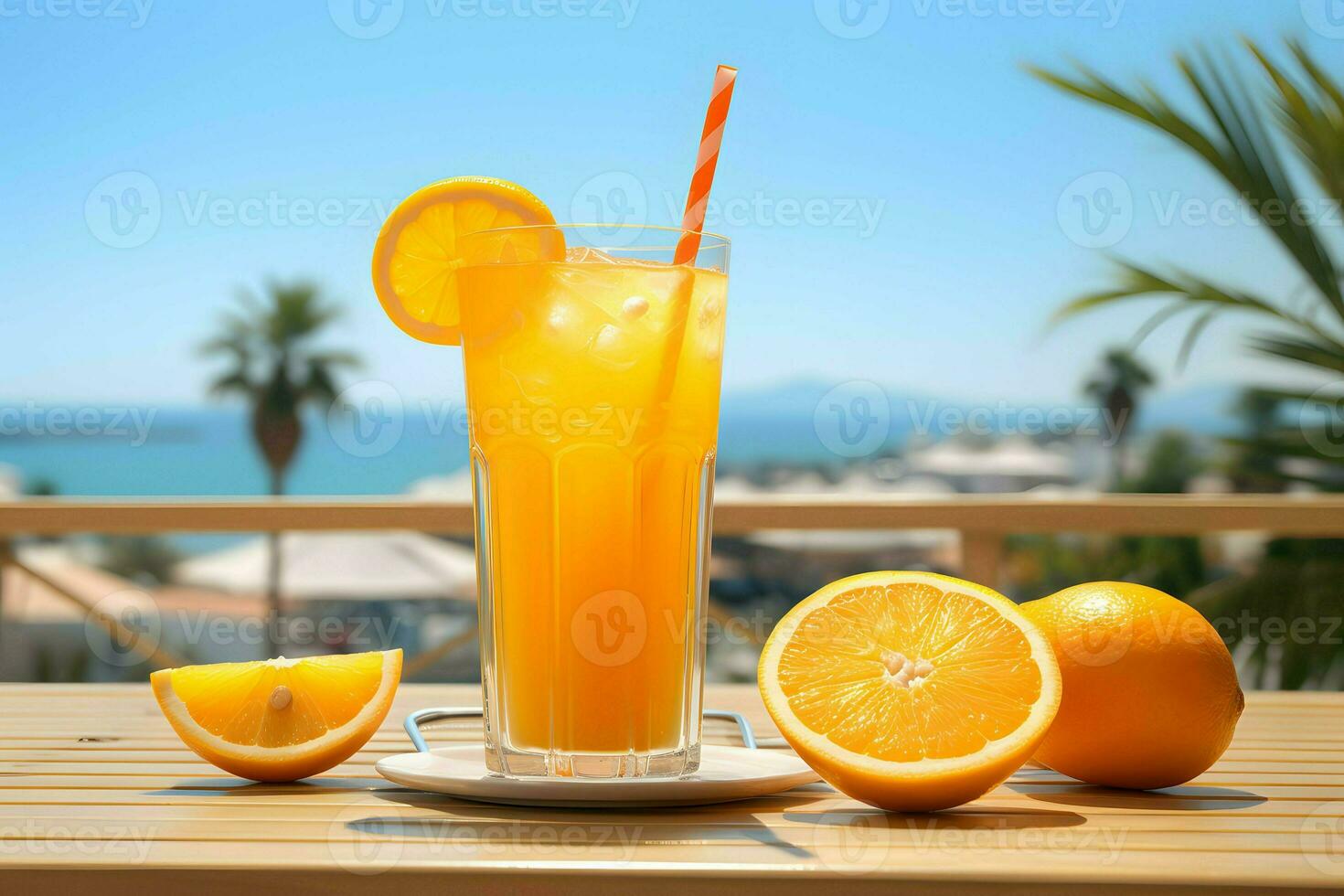 A refreshing glass of orange juice with freshly sliced oranges on the side. AI Generated photo