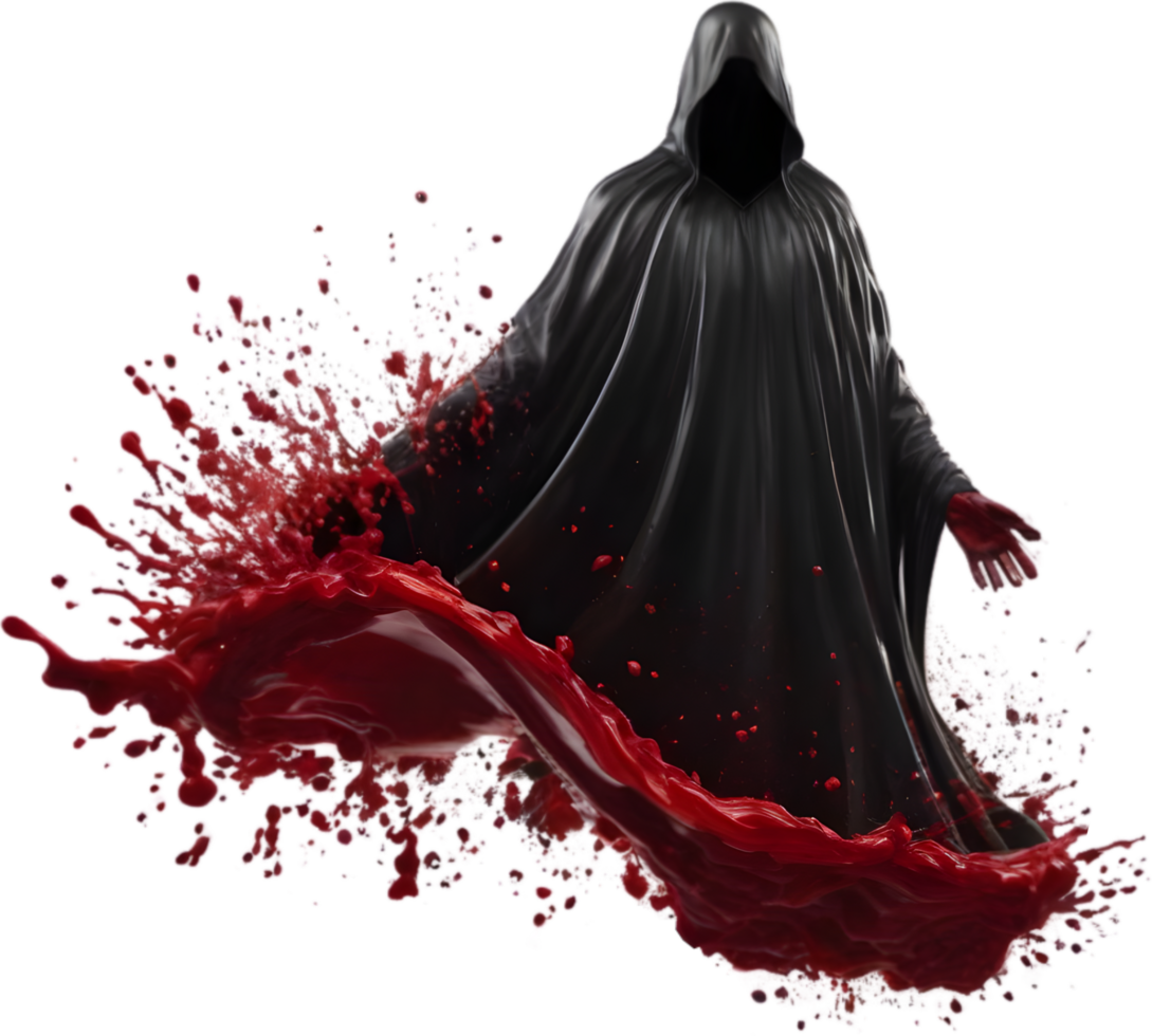 A ghost king with blood splattered all around. AI-Generated. png