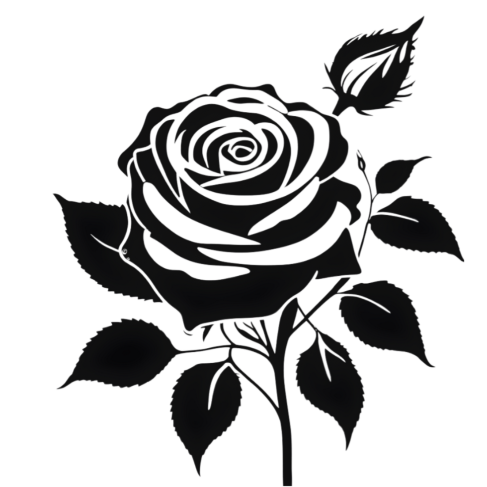 Black silhouette of roses and leaves. AI-Generated. png