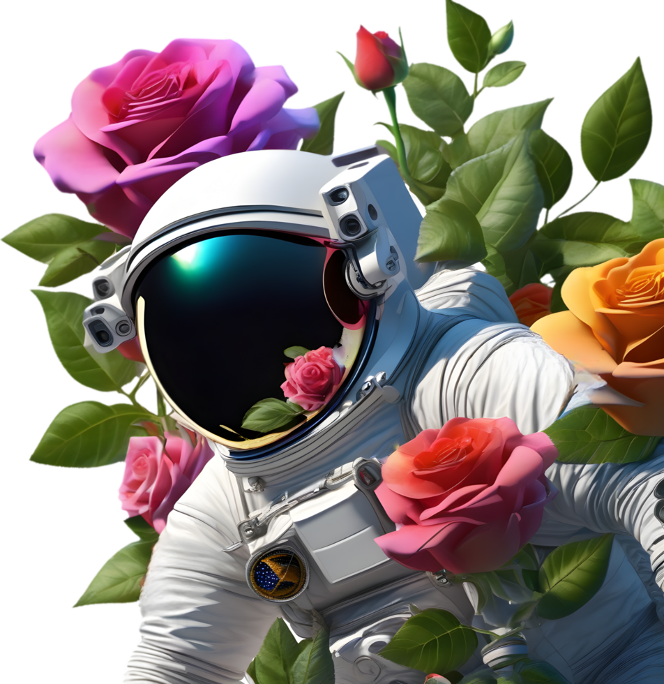 Astronaut in space filled with colorful roses. AI-Generated png