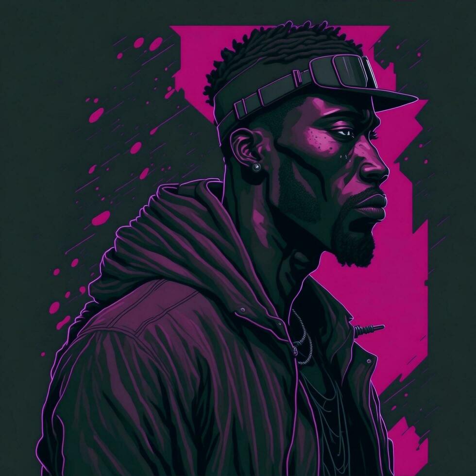 Illustration of a black rapper in a purple and green duotone style, ai generative photo