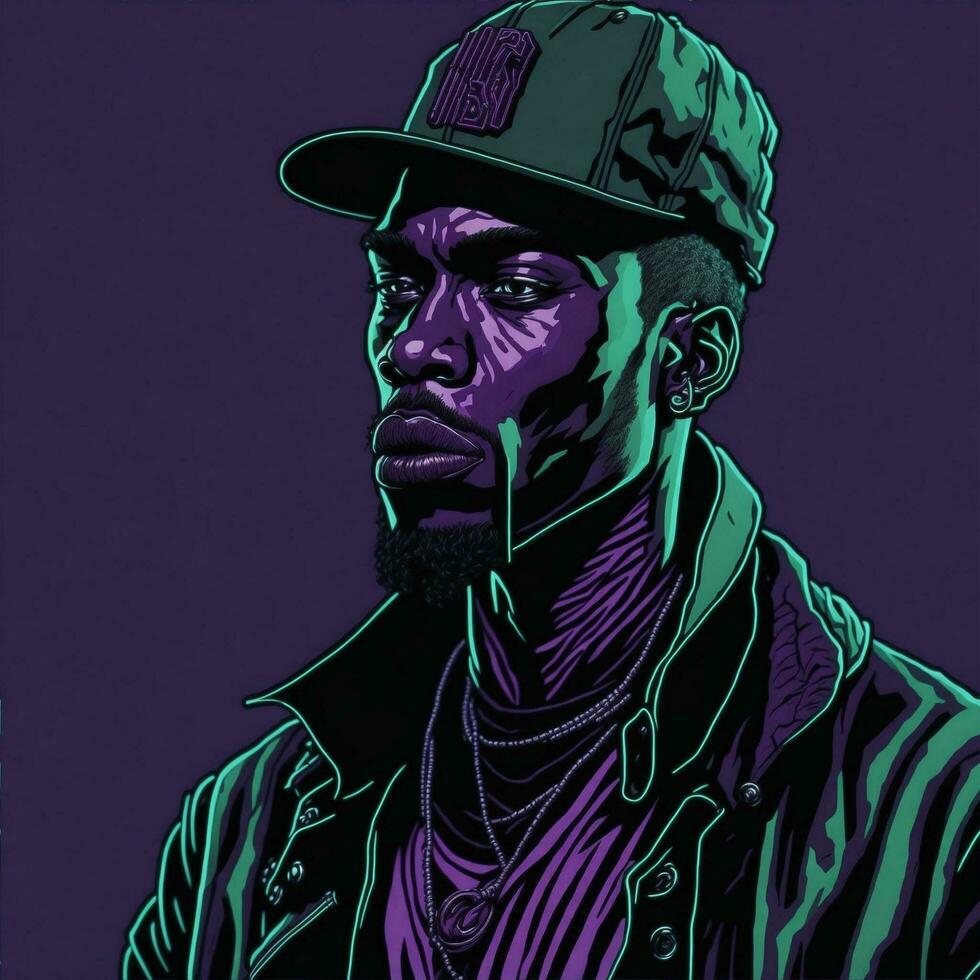 Black Rapper Illustration With Duotone Style, Purple and Green Color, Ai Generative photo