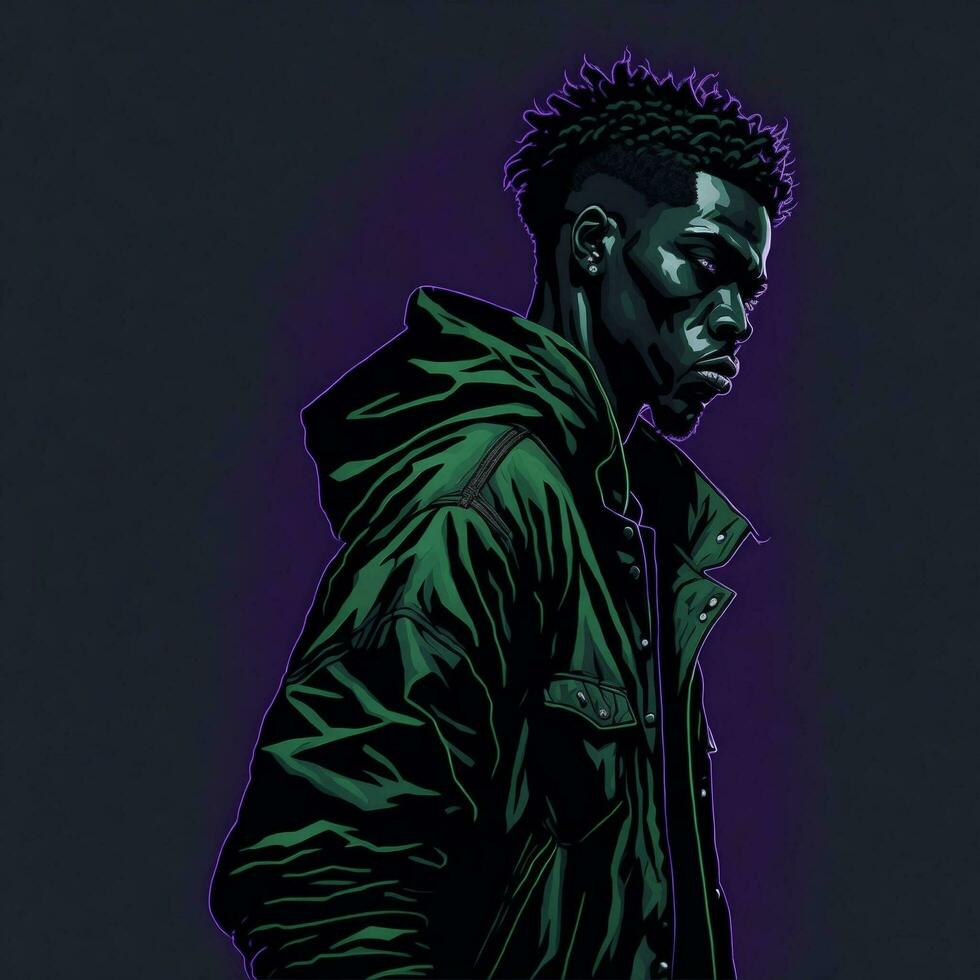 Black Rapper Illustration With Duotone Style, Purple and Green Color, Ai Generative photo