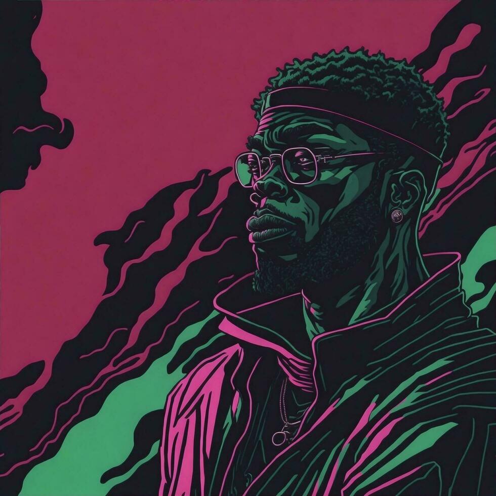 Illustration of a black rapper in a purple and green duotone style, ai generative photo