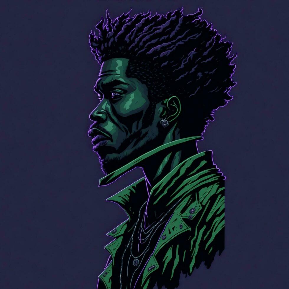 Illustration of a black rapper in a purple and green duotone style, ai generative photo