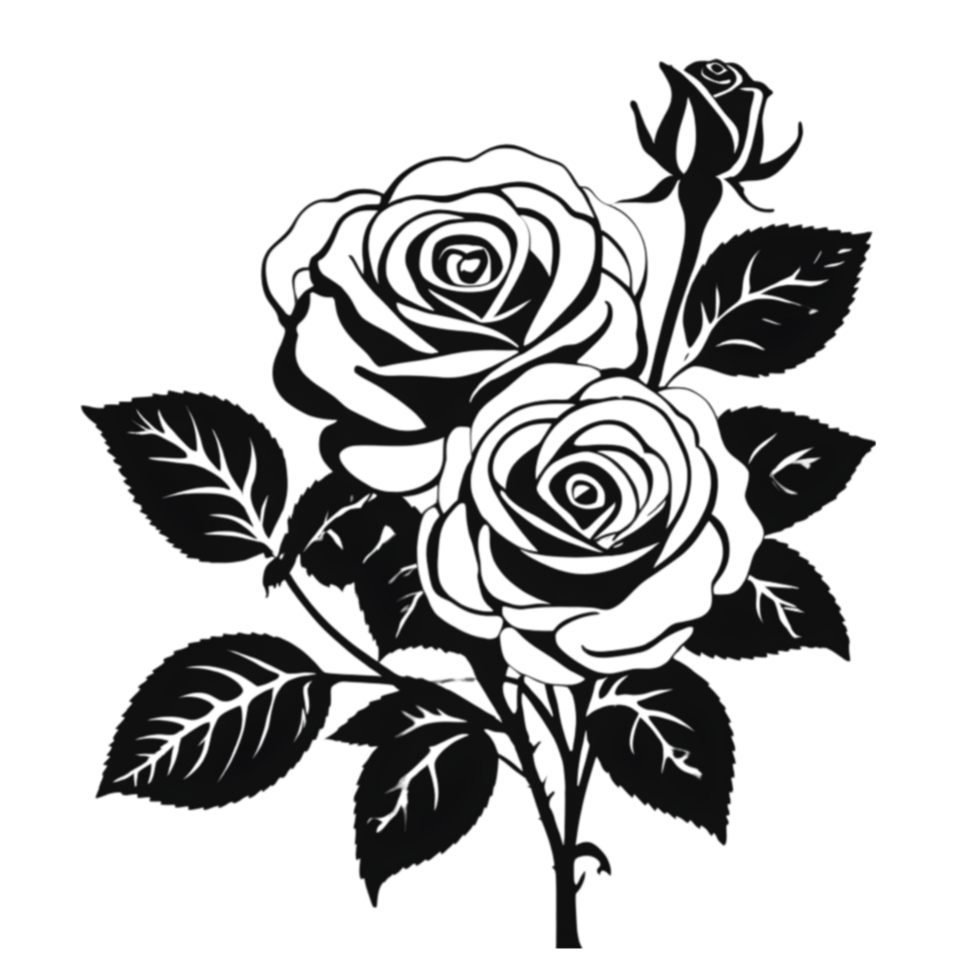 Black silhouette of roses and leaves. AI-Generated. png