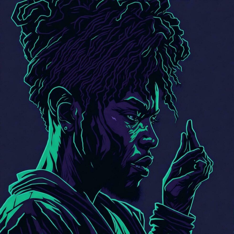 Illustration of a black rapper in a purple and green duotone style, ai generative photo