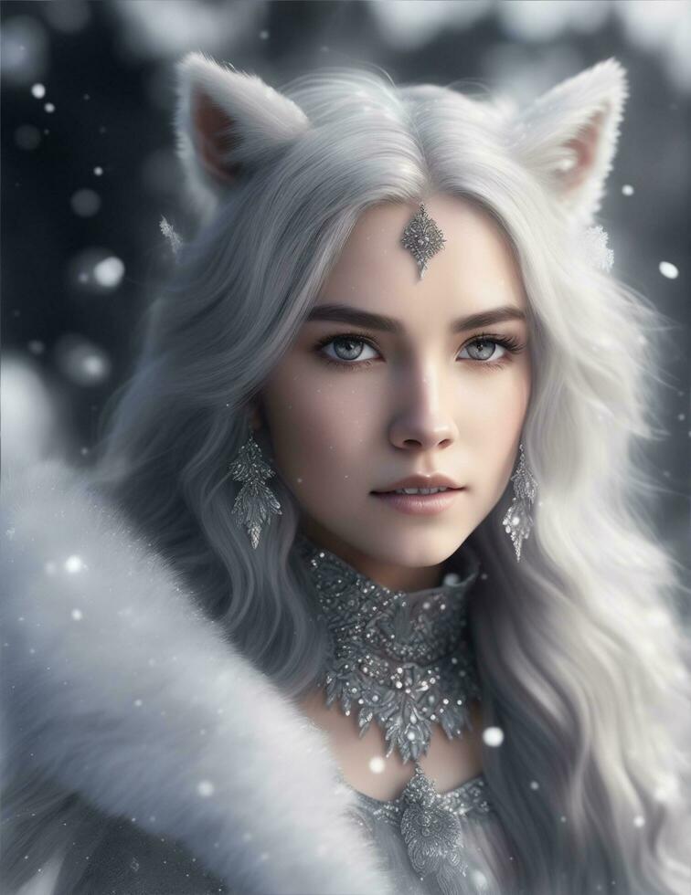 Beautiful White Fox Demon Queen Wallpaper Ai Generative photo