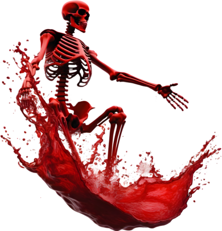 A skeleton with blood splattered all around. AI-Generated. png