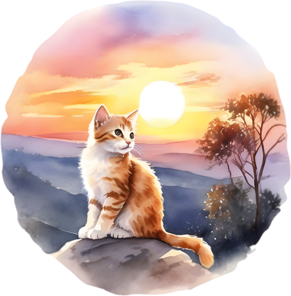 Kitten sitting on a hill at sunset. AI-Generated. png