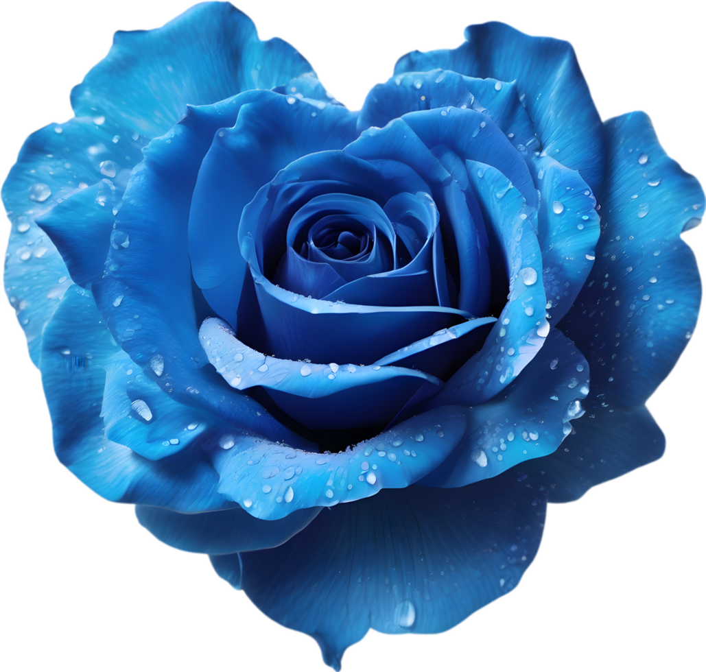 Blue rose petals arranged in the shape of a heart. AI-Generated. png