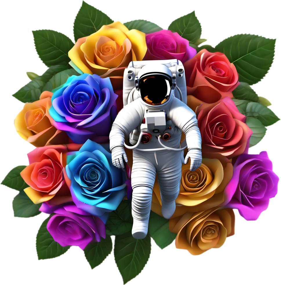 Astronaut in space filled with colorful roses. AI-Generated png