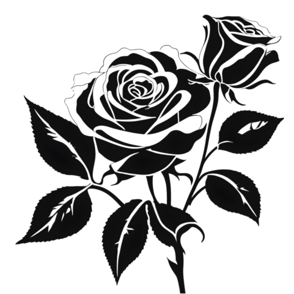 Black silhouette of roses and leaves. AI-Generated. png