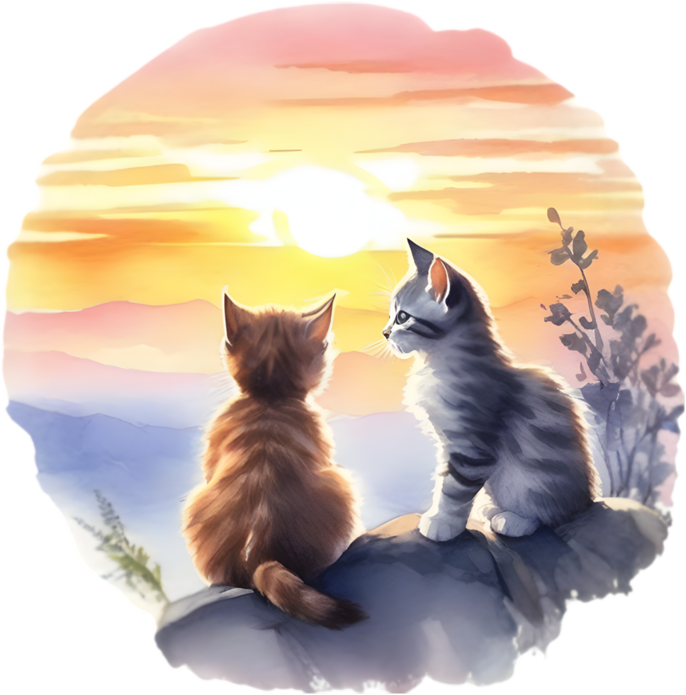 Kitten sitting on a hill at sunset. AI-Generated. png