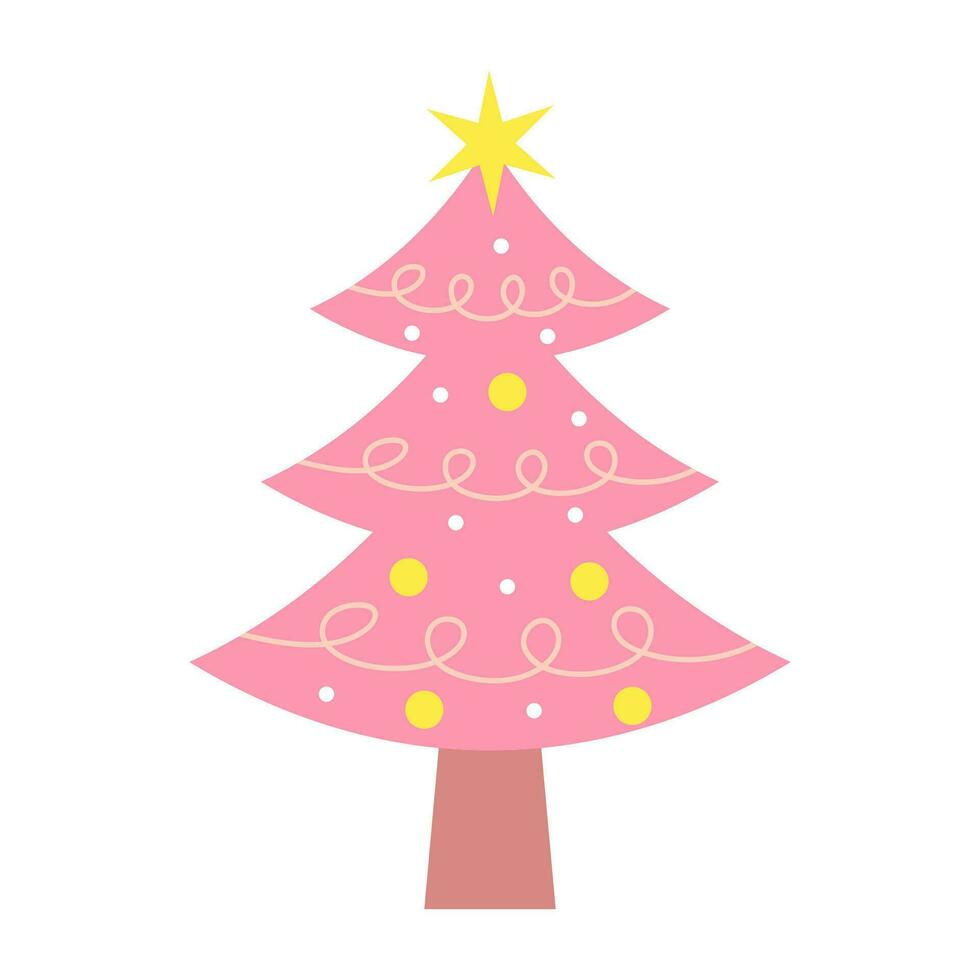 Pink christmas tree. Cute pastel decorated Christmas tree with baubles and garland. vector