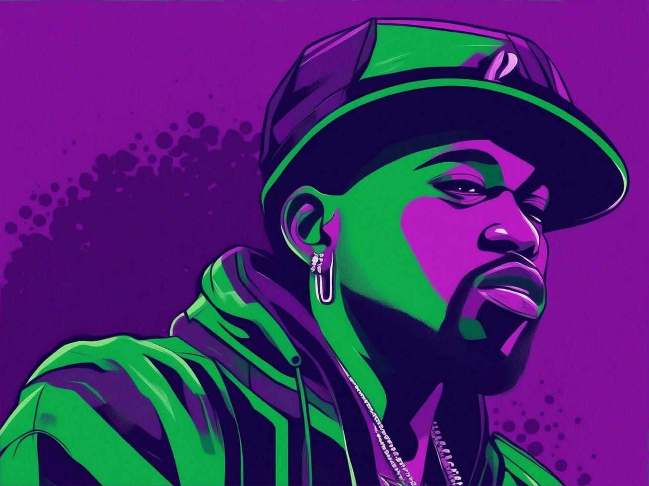 Illustration of a black rapper in a purple and green duotone style, ai generative photo