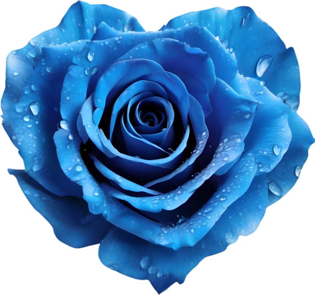 Blue rose petals arranged in the shape of a heart. AI-Generated. png