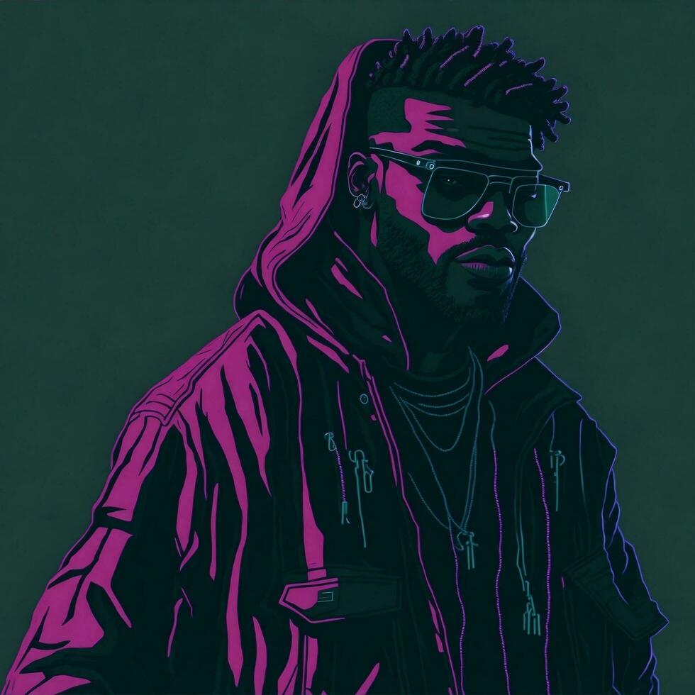 Illustration of a black rapper in a purple and green duotone style, ai generative photo