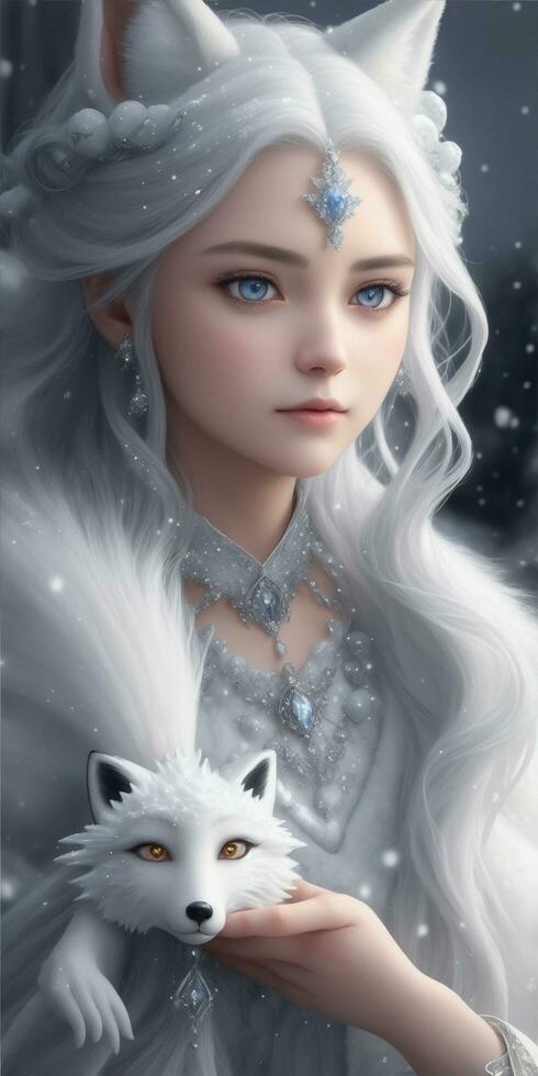 Beautiful White Fox Demon Queen Wallpaper Ai Generative photo