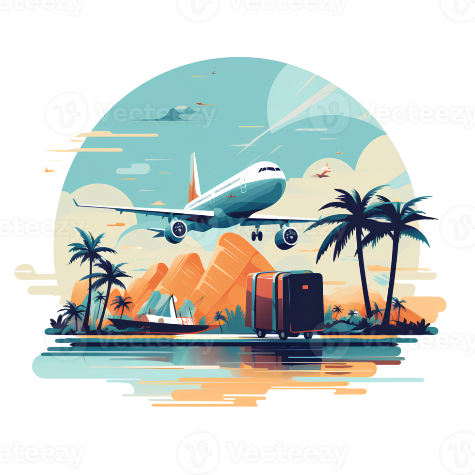 airplane flying over the ocean with palm trees and mountains AI Generative png