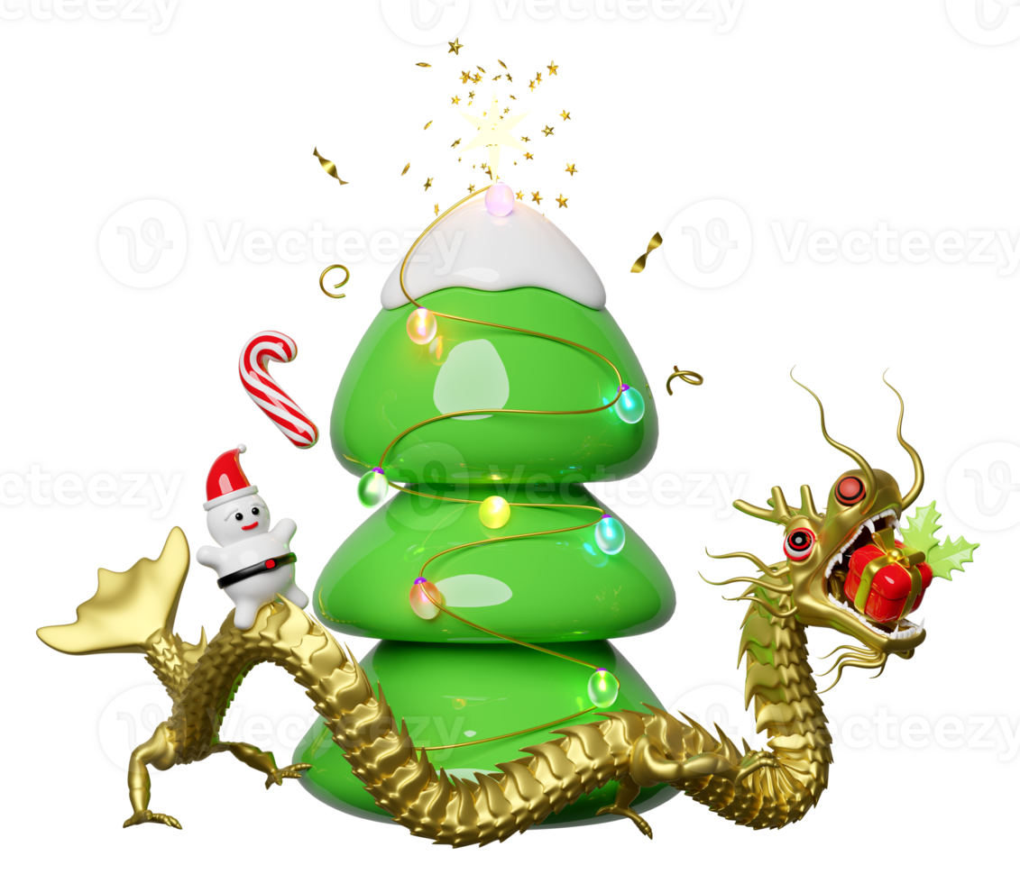 3d gold dragon with christmas tree, glass transparent lamp garlands, gift box, santa claus. merry christmas and happy chinese new year, 3d render illustration png