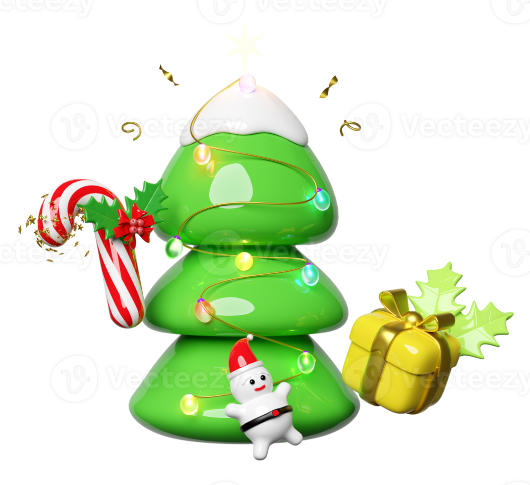 christmas tree with Santa Claus,   candy cane with red bow, holly berry leaves, glass transparent lamp garlands, gift box. merry christmas and happy new year, 3d render illustration png